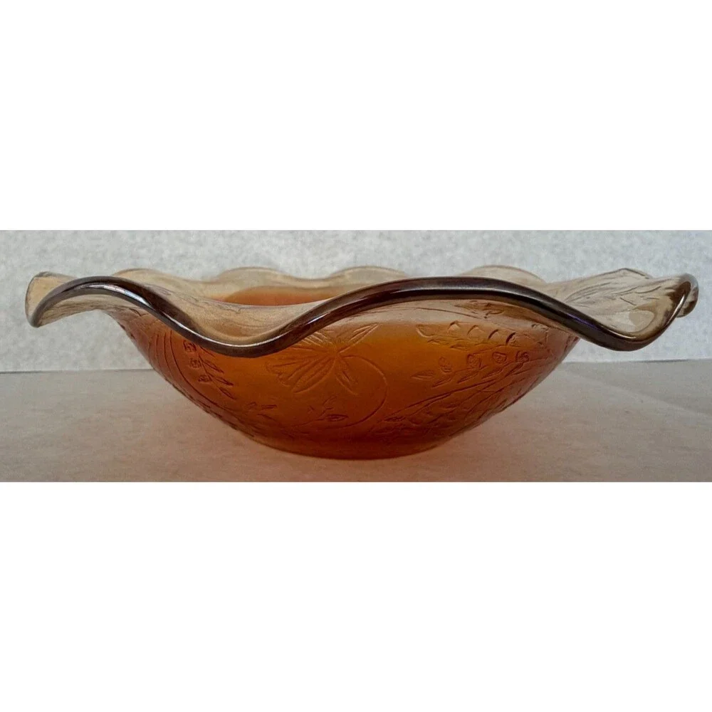 Jeannette Floragold Iridescent Ruffled Bowl, Marigold Carnival Glass